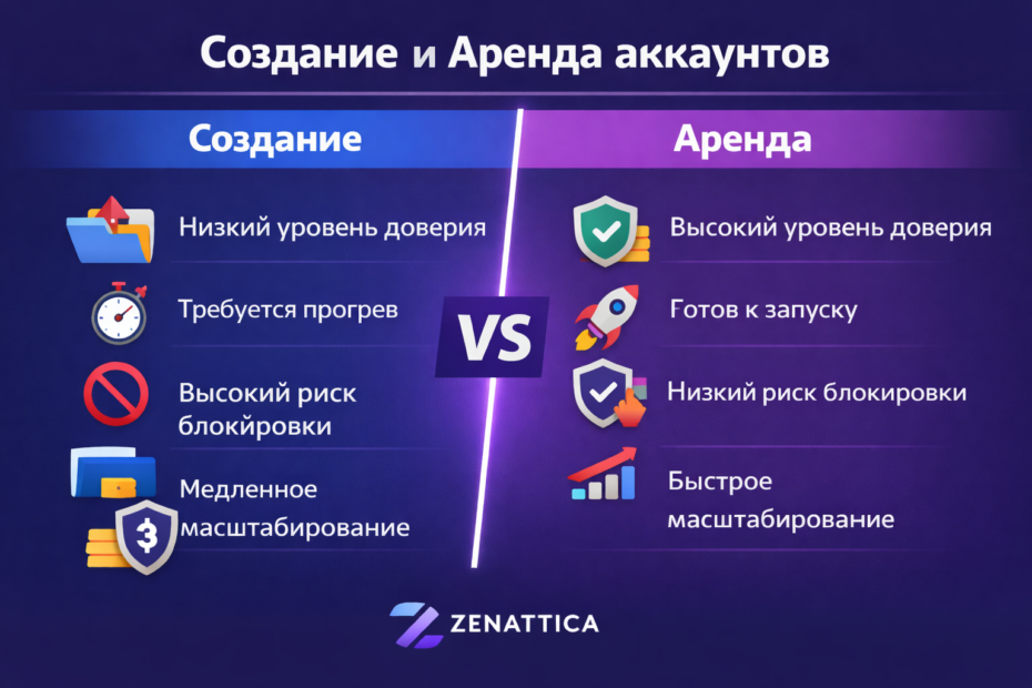 Сравнение аренды и создания рекламных аккаунтов: уровень доверия, риск блокировок, скорость запуска и масштабируемость