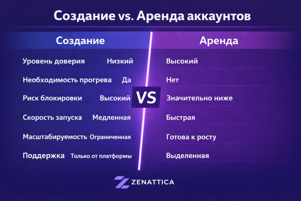 Сравнение аренды и создания рекламных аккаунтов: уровень доверия, риск блокировок, скорость запуска и масштабируемость
