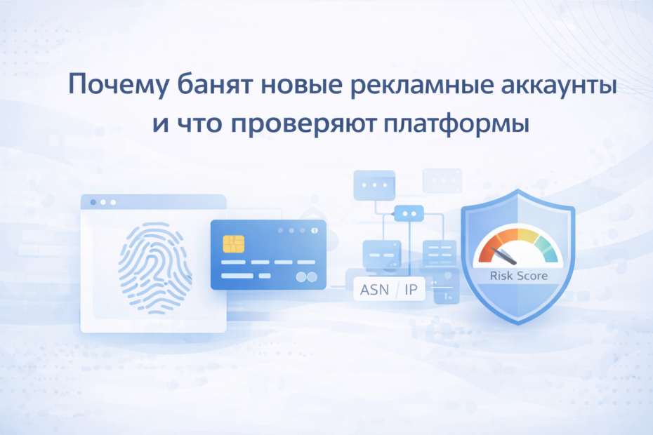 Обложка с изображением отпечатка, банковской карты и индикатора риска — почему банят новые рекламные аккаунты.
