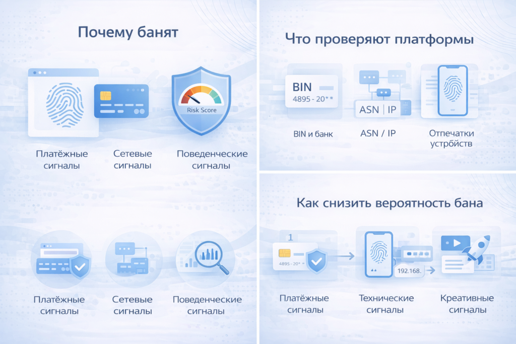 Иллюстрация с отпечатком и сетевой схемой ASN/IP, показывающая технические причины блокировки рекламных аккаунтов.