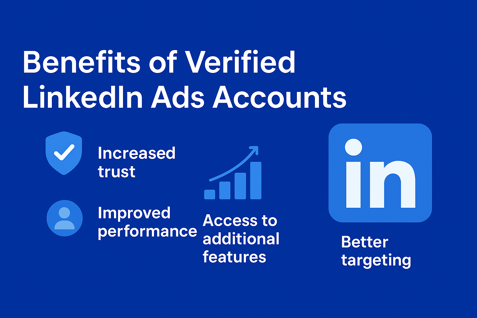 Infographic showing key benefits of verified LinkedIn Ads accounts: trust, scalability, compliance, access to premium audiences