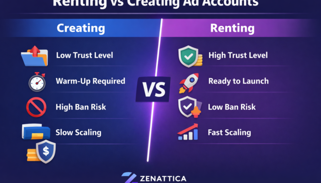 Comparison between creating and renting ad accounts showing trust level, launch speed, ban risk, and scalability