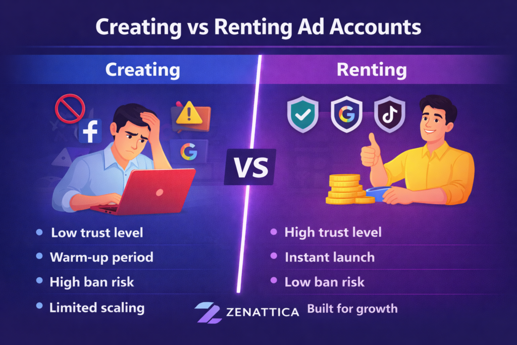 Side-by-side comparison table of renting versus creating ad accounts across trust, bans, scaling, and support
