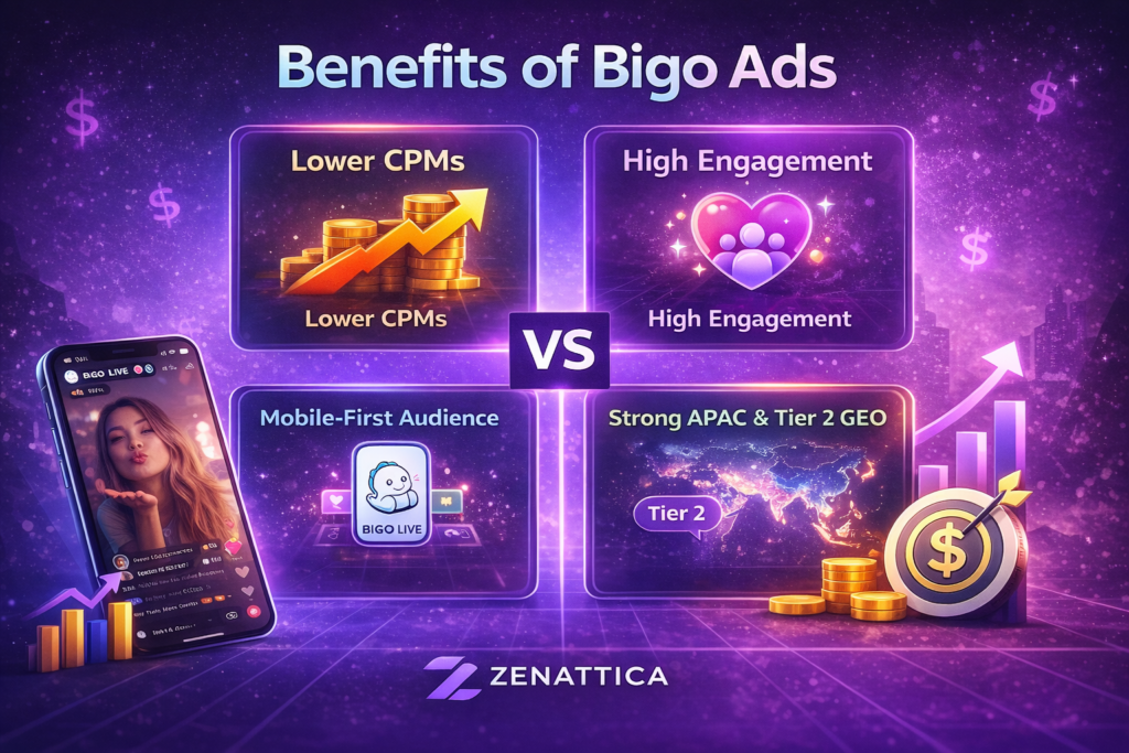 Benefits of Bigo Ads infographic: lower CPMs, high engagement, mobile-first audience, strong APAC and Tier 2 GEO