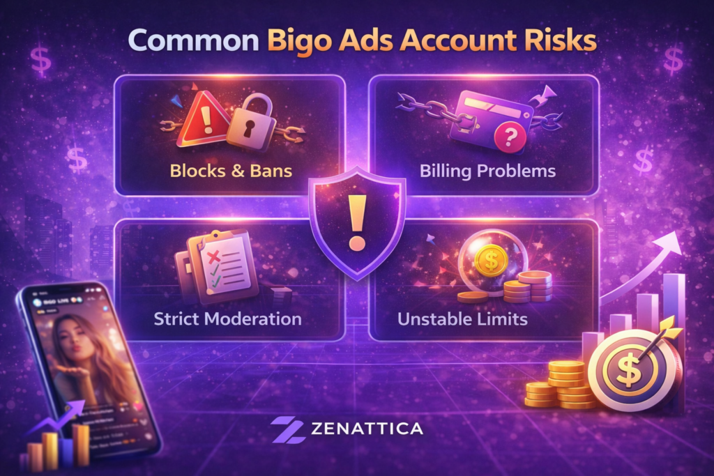 Common Bigo Ads account risks infographic: blocks and bans, billing problems, strict moderation, unstable limits